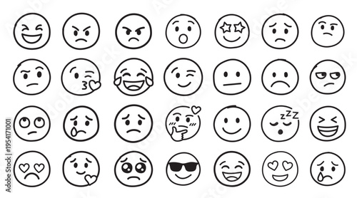 Collection of Hand Drawn Emoji Faces – Minimal Line Art Expression Icons Set