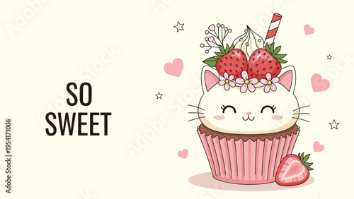 Cute cat face shaped cupcake topped with whipped cream, strawberries, and small flowers with hearts and so sweet text.
