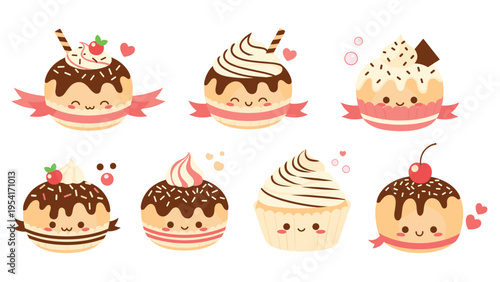 Collection of eight adorable dessert characters featuring cupcakes and pastries with chocolate, cream, and cherry toppings.