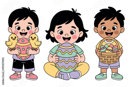Three happy children celebrating Easter with decorated eggs and chicks