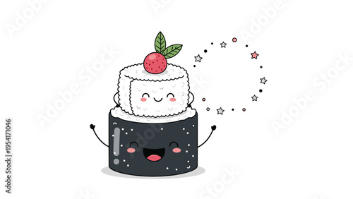 Two cute sushi roll characters stacked together with the top one wearing a berry and both celebrating with arms raised.