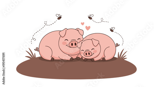 Two cute pink pigs cuddling together in a brown mud puddle with grass and small insects flying around under floating hearts.