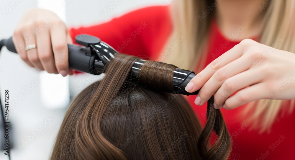Fototapeta premium Professional Hair Stylist Using a Curling Iron to Create Beautiful Waves on Client's Long Brown Hair in a Modern Beauty Salon