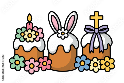 A colorful Easter-themed illustration of decorated cakes with flowers and festive toppings.
