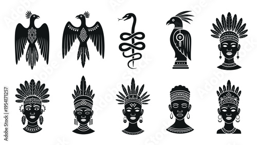 Set of black tribal symbols featuring stylized birds, a coiled snake, and various indigenous faces wearing elaborate feather headdresses.