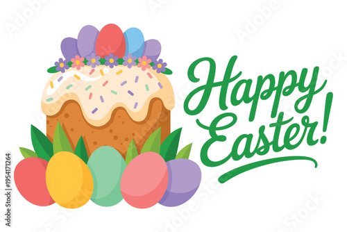 A colorful Easter cake with eggs and the words Happy Easter on a white background