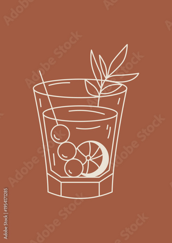 Refreshing cocktail glass line icon with citrus garnish minimal outline style for bar beverage use