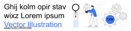 Business operations, customer management, data analysis, workflow optimization, corporate tools, team collaboration. Person analyzing data with CRM gear icons. Business operations and customer