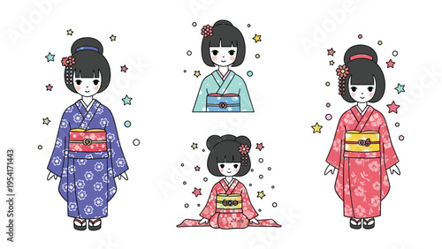 Collection of traditional Japanese kokeshi doll characters wearing colorful kimonos in various standing and sitting poses.