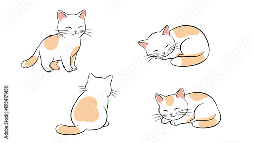 Set of four illustrations showing a cute white cat with orange patches in various poses like standing and sleeping.
