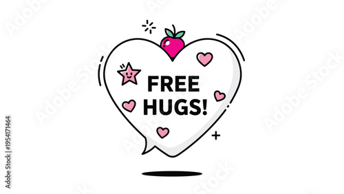 Creative heart shaped speech bubble design containing free hugs text and decorated with small hearts and a strawberry.