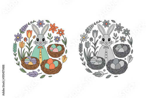 An Easter illustration featuring two bunnies surrounded by flowers and Easter eggs in baskets
