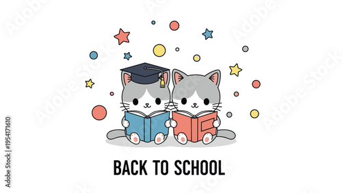 Two adorable cats reading books with one wearing a graduation cap under back to school text and colorful stars.