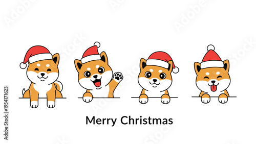 Four cute shiba inu dogs wearing red santa hats in various happy poses above a merry christmas greeting message.