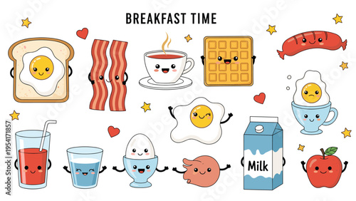 Set of cute breakfast food characters with happy faces including toast, eggs, bacon, coffee, waffles, and milk on white.