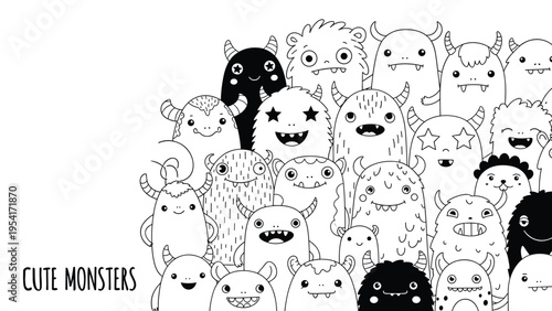 Crowd of cute hand drawn monsters in various shapes and sizes for a fun black and white coloring book illustration.