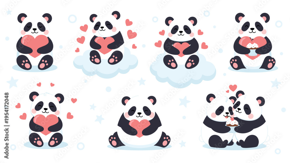 Obraz premium Set of adorable pandas in various poses holding pink hearts and eating cupcakes for a romantic or friendship theme.