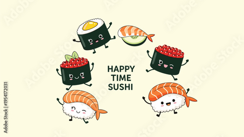 Group of cheerful sushi and nigiri characters with happy faces dancing around happy time sushi text on yellow background.