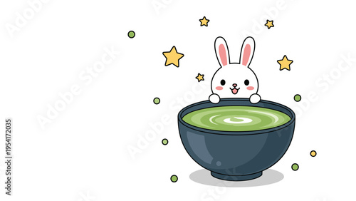 Cute white bunny peeking over a large bowl of green matcha tea with stars and green bubbles on a white background.