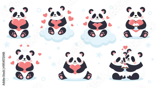 Set of adorable pandas in various poses holding pink hearts and eating cupcakes for a romantic or friendship theme.