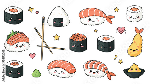 Comprehensive collection of cute sushi characters, wasabi, ginger, and chopsticks stickers with happy faces on white.