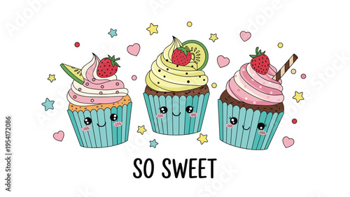 Three decorative cupcakes with colorful frosting, strawberries, and lime slices with so sweet text on a white background.