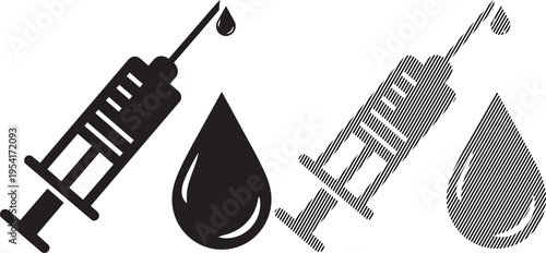 Medical syringes and intravenous injection illustration with liquid droplets