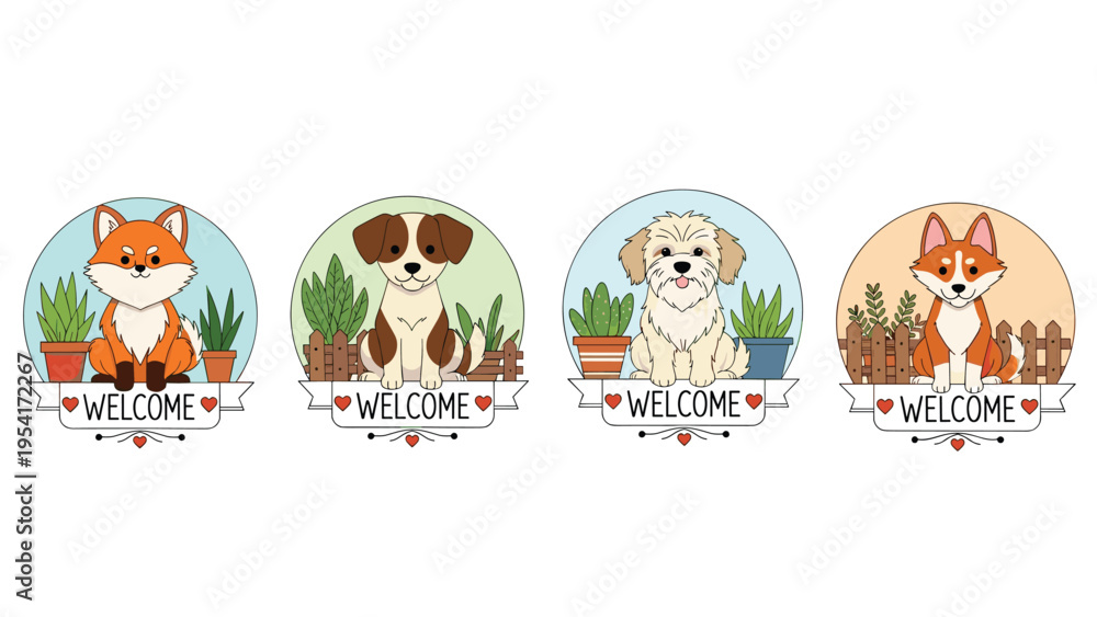 Fototapeta premium Four circular signs with different animals like foxes and dogs sitting behind plants with a welcome message on a banner.