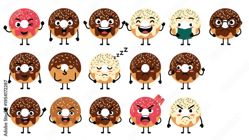 Fototapeta premium Grid of eighteen colorful donut characters with various facial expressions like happy, sad, angry, and sleepy on white.
