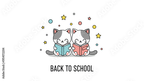Two cute kittens sitting and reading books with stars and bubbles for a fun back to school themed illustration.