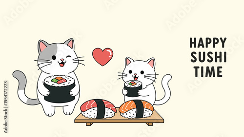 Two cute cats sitting at a table eating sushi rolls and nigiri with a heart between them for a happy sushi time.