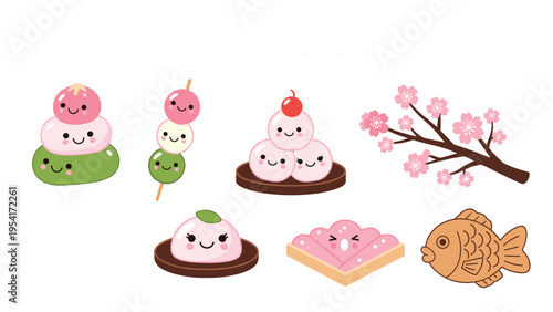 Collection of traditional Japanese sweets and snacks including dango, mochi, taiyaki, and a cherry blossom branch.