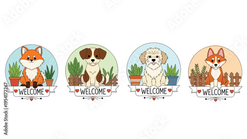 Four circular signs with different animals like foxes and dogs sitting behind plants with a welcome message on a banner.