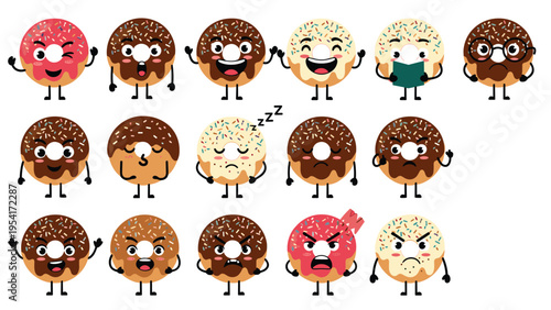 Grid of eighteen colorful donut characters with various facial expressions like happy, sad, angry, and sleepy on white.