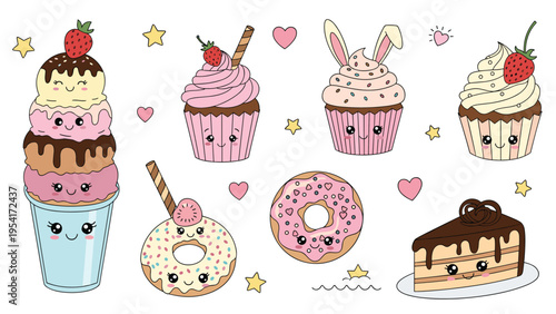 Assorted set of kawaii dessert stickers featuring ice cream sundaes cupcakes donuts and a chocolate cake slice with smiling faces.