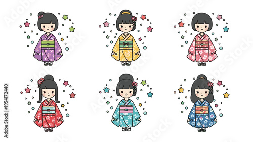 Six beautiful japanese girls wearing traditional colorful kimonos with different floral patterns standing against star backgrounds.