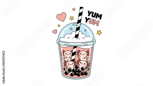 Sweet pink axolotl boba tea illustration featuring small characters inside a drink cup with black pearls and a striped straw.