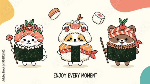 Three adorable small animals including a puppy and a bear dressed as different types of delicious japanese sushi rolls.