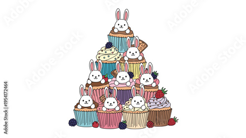 Pyramid stack of delicious cupcakes each featuring a cute white rabbit character peeking out from the frosting and berries.