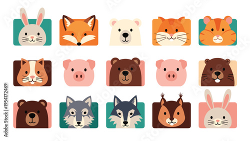 Series of cute animal head portraits including bears hamsters and wolves set within colorful rectangular frames on a white background.