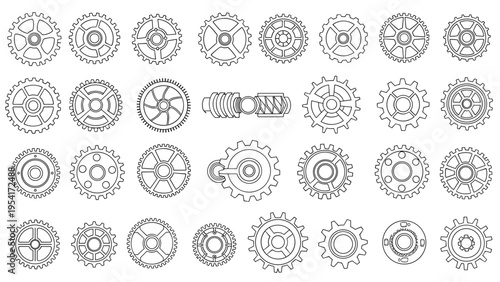 Technical set of mechanical gear outlines showing various types of cogs and engineering components for machinery and clockwork.