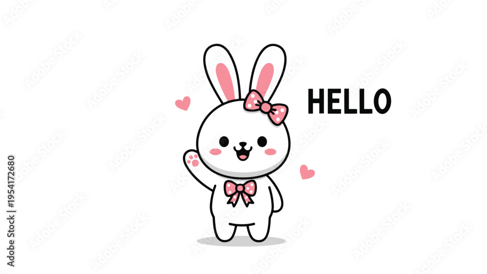 Fototapeta premium Adorable white cartoon bunny waving its paw with a pink polka dot bow on its head and heart shapes floating around it.