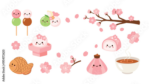 Assorted collection of traditional japanese sweets and snacks including dango mochi taiyaki and tea decorated with cherry blossoms.