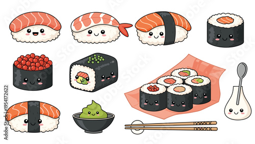 Delicious set of kawaii sushi characters featuring various types of rolls and nigiri with wasabi chopsticks and dipping sauce.
