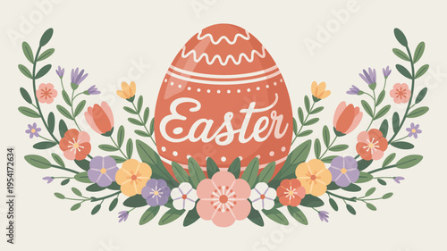 A colorful Easter egg surrounded by vibrant flowers and leaves