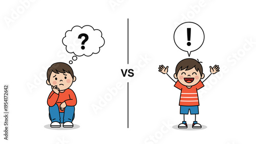 Comparison illustration between a sad boy with a question mark and a happy boy with an exclamation mark, representing different child moods.