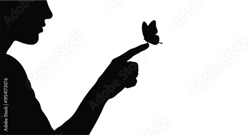 Silhouette of woman touching butterfly on finger, peaceful and serene moment in black and white