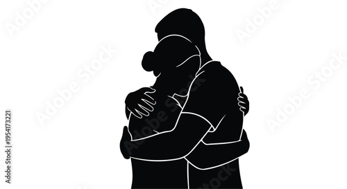 Black silhouette of man hugging woman from behind, embracing, loving couple, romantic, affectionate, intimate moment, relationship, love, care, comfort, support