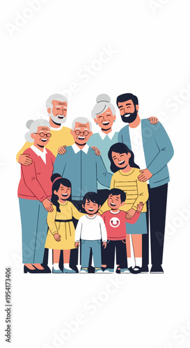 Multi generational family portrait shows happy grandparents, parents, and children embracing. Large multi generational family group symbolizes unity, support, and strong intergenerational bonds.