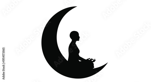 Peaceful woman sitting on crescent moon silhouette, dreamy nighttime scene with lunar landscape, serene and mystical atmosphere, relaxation and calmness concept